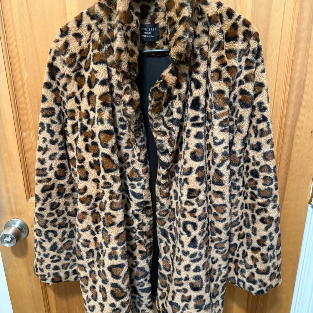 Love Tree Leopard-Print Faux Fur Teddy Coat - Brown & Black